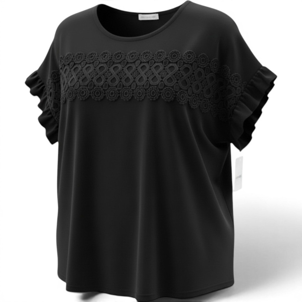 89th + Madison Womens Plus Size 2X Black Crochet Lace‎ Ruffle Sleeve Blouse NWT